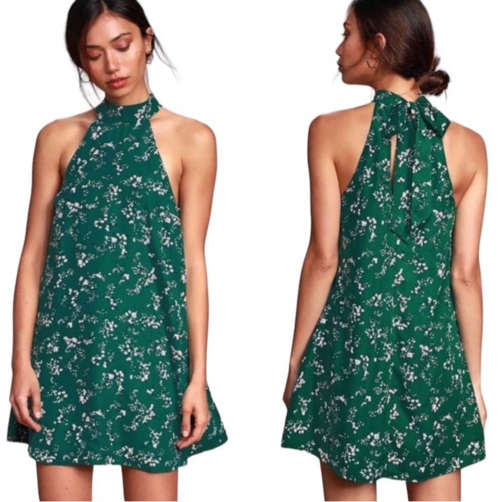 Lulus Darling Dearest Green Floral Tie Halter Neck Cutout Mini Slip Dress - M